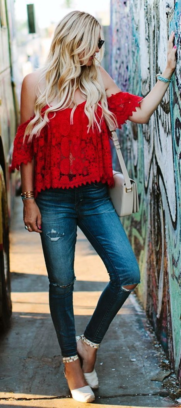 Red off-shoulder top and high rise ripped denim.