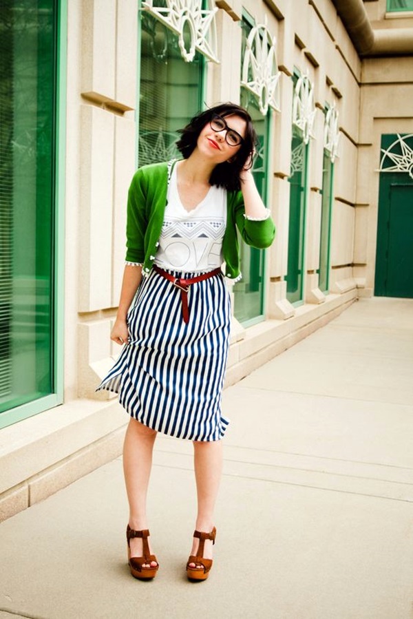 blue and white vertical striped skirt outfit